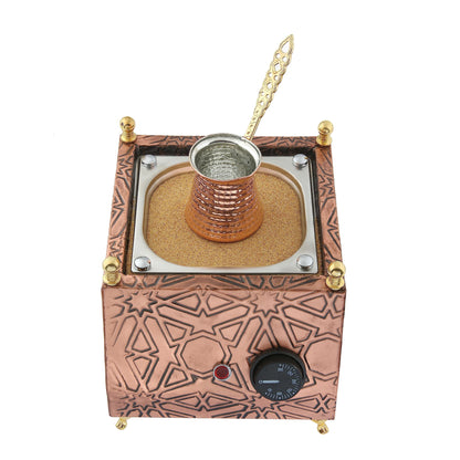 Tulip Home - Traditional Copper Turkish Heating Sand Coffee Maker Square Geometrical Design Machine 110~230 Volt With Pot