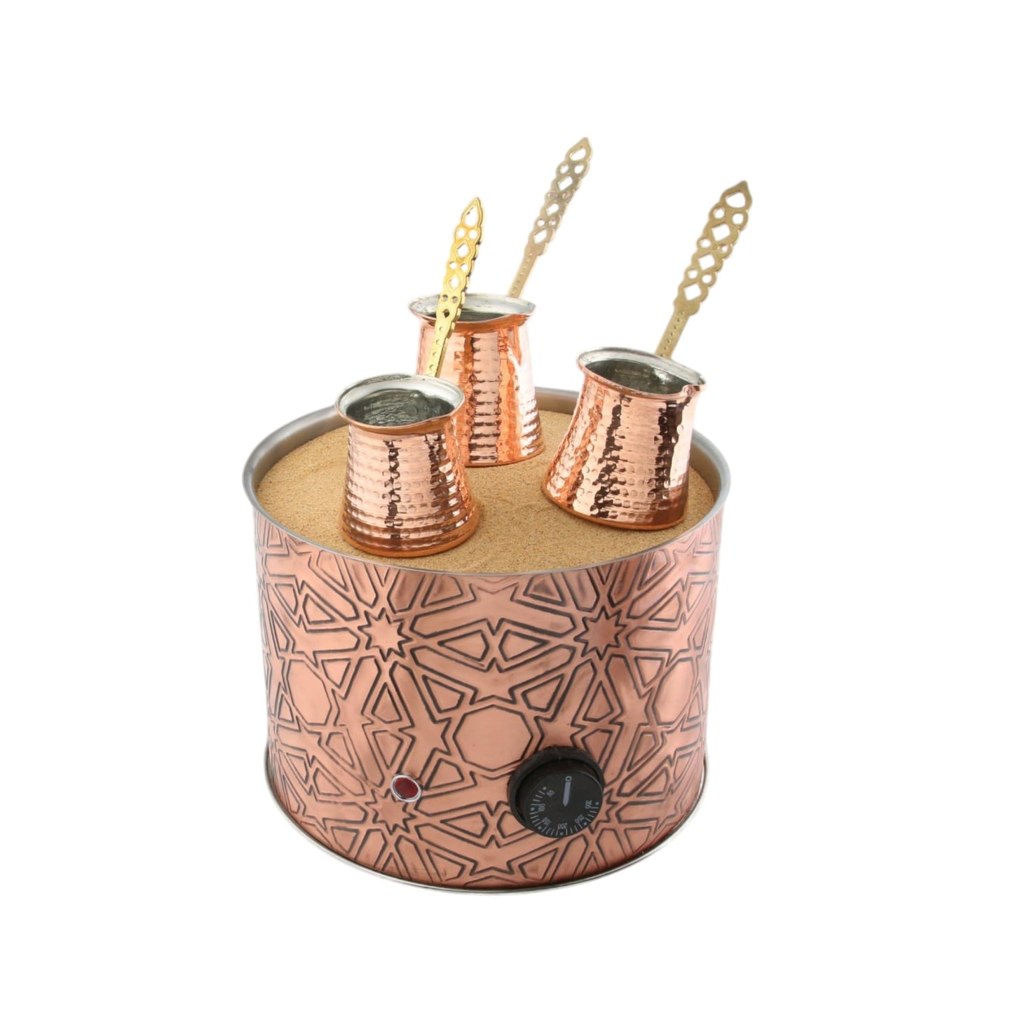 Tulip Home -Traditional Copper Turkish Heating Sand Coffee Maker Med Round Geometrical Design Machine 110~230 Volt With Pot Set (3Sizes)