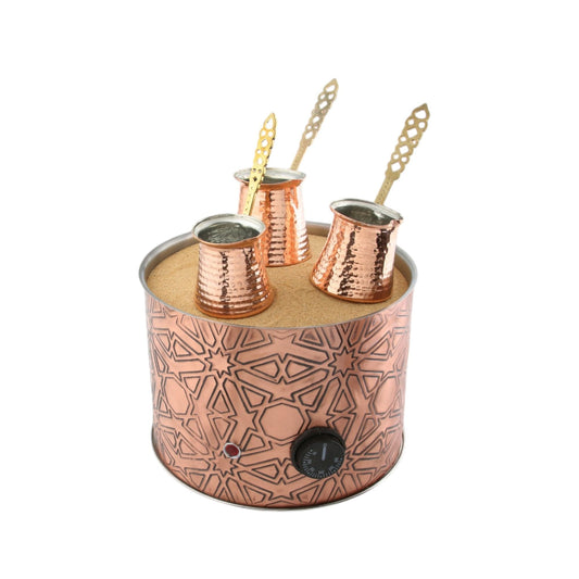 Tulip Home -Traditional Copper Turkish Heating Sand Coffee Maker Med Round Geometrical Design Machine 110~230 Volt With Pot Set (3Sizes)