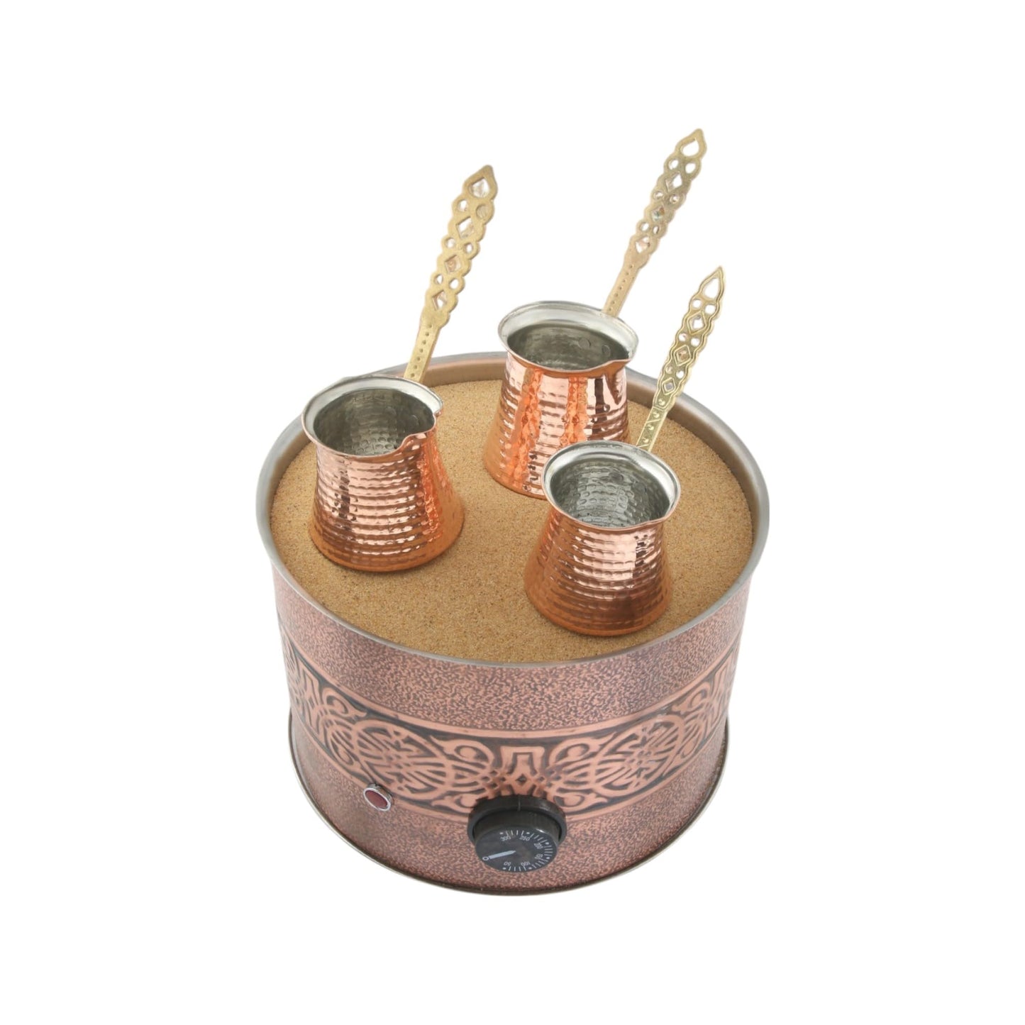 Tulip Home -Traditional Copper Turkish Heating Sand Coffee Maker Med Round ottoman Design Machine 110~230 Volt With Pot Set (3 Sizes)