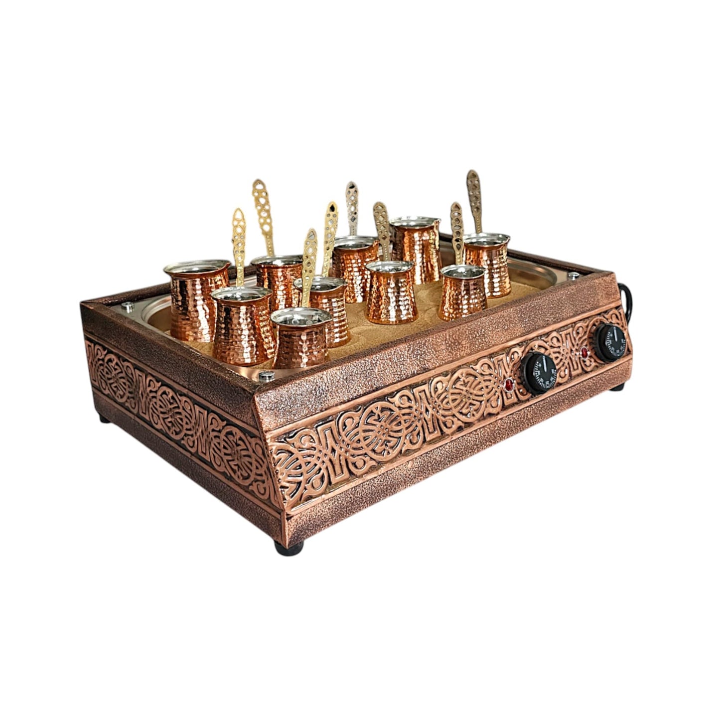 Tulip Home - Authentic Turkish Copper Electric Hot Sand Big Coffee Maker Heater Machine Ottoman Model 110V - 220V + 10 Size Turkish Coffee Pot