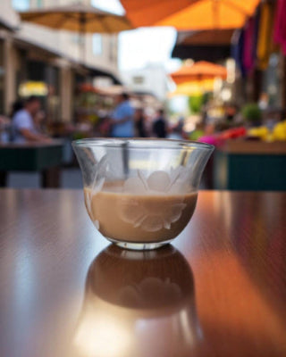 Glass of iced coffee on a table with a blurred outdoor cafe background
